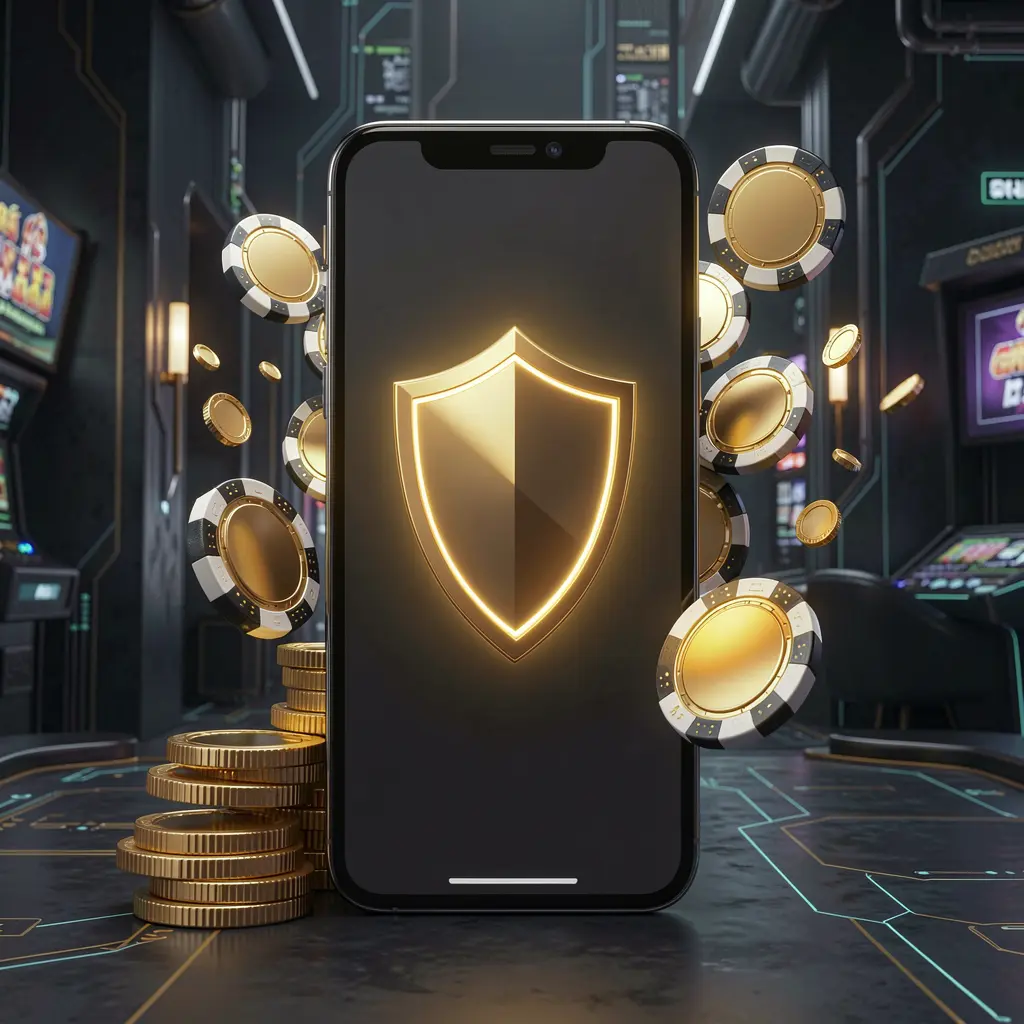 F7777 secure mobile casino app concept showing a smartphone with a glowing shield icon surrounded by golden coins and chips against a dark luxury cyber background in a realistic 3D render
