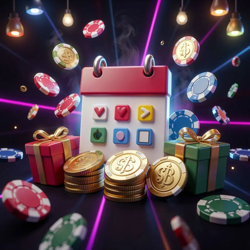 F7777 weekly casino bonus concept featuring a calendar icon, gift boxes, coins, and chips with a festive dark background and neon glow in premium 3D style
