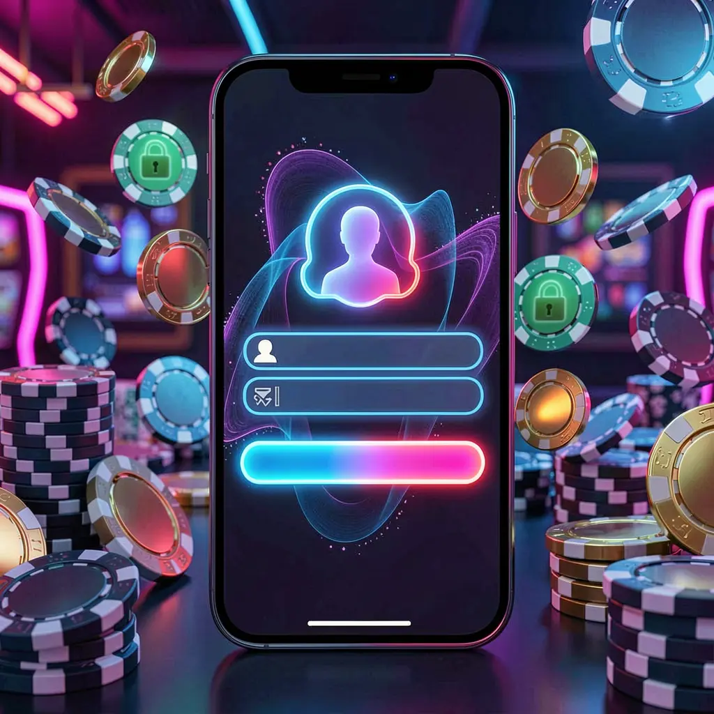 F7777 mobile gaming login page concept on a smartphone displaying an abstract login interface with user and lock icons, surrounded by casino chips and coins illuminated by luxury neon lighting