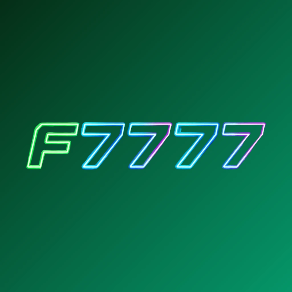Futuristic neon logo of F7777 with thick angular typography glowing in vivid green, blue, and purple, featuring sharp tech-inspired details on a transparent background, designed as a horizontal rectangular wordmark for a website header