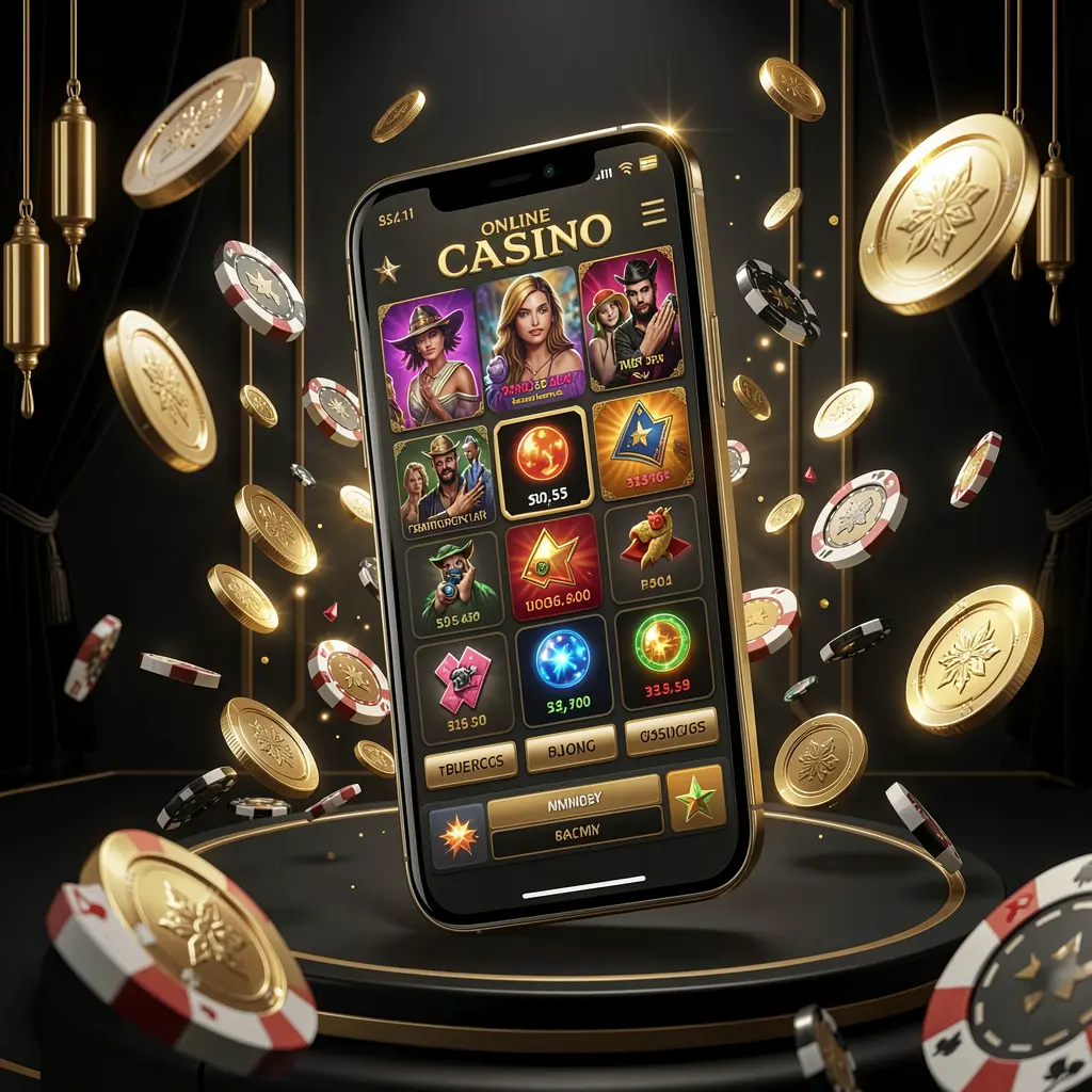 F7777 modern online casino main page visual with a smartphone displaying a glowing gaming interface, surrounded by flying coins and chips in a black and gold luxury atmosphere, realistic 3D illustration